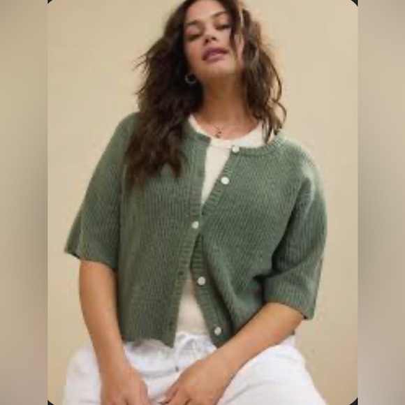 aerie Sweaters - aerie Olive Green Short-Sleeve Button Cardigan
